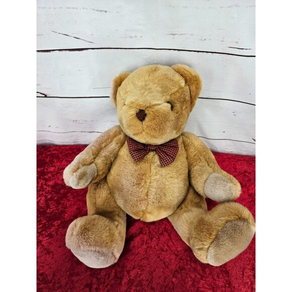 Vintage Walmart Brown Jointed Teddy Bear Plush Stuffed Animal Toy Red‎ Plaid Bow - Picture 7 of 8